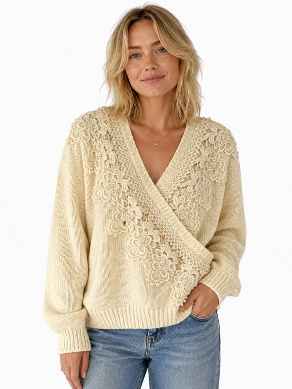 Vintage 90s Bonnie and Bill Pearl Beaded Lace Applique Knit Sweater S